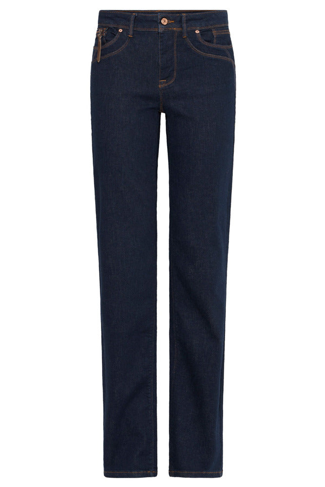Højtaljede jeans i uvaskeæet mørkeblåt denim med lige ben og kontrastrøde syninger.