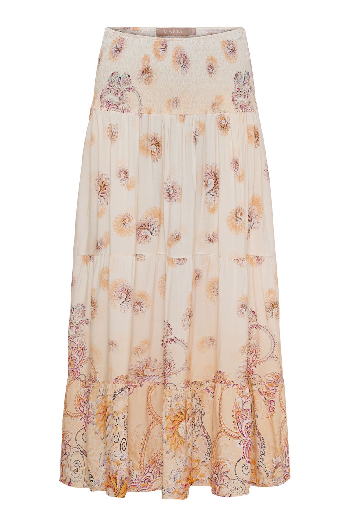 Lang beige plisseret nederdel med blomster og paisley mønster i rosa og orange nuancer.