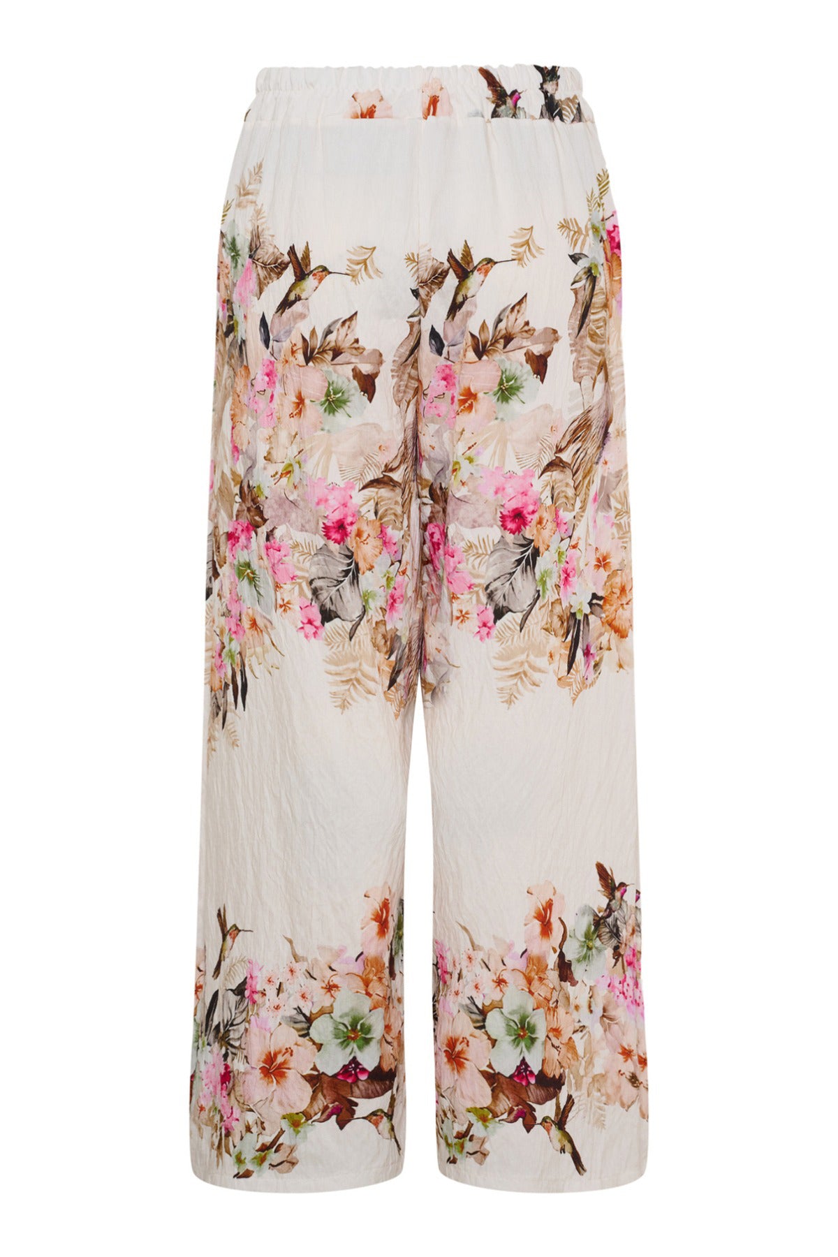Brede bukser i camel med elastisk talje og blomsterprint i rosa og grønne nuancer.