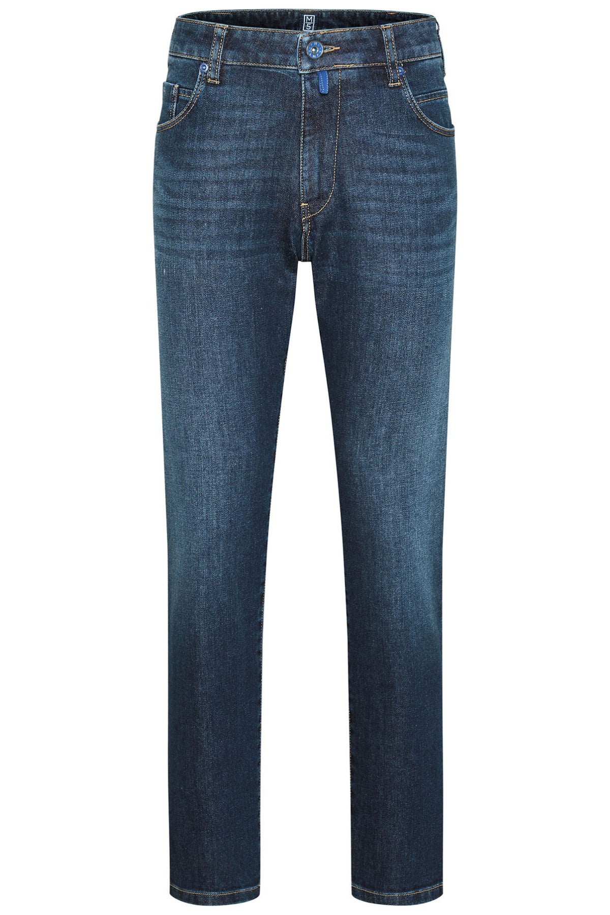 Blåslidte slim fit jeans med knaplukning og fem lommer.