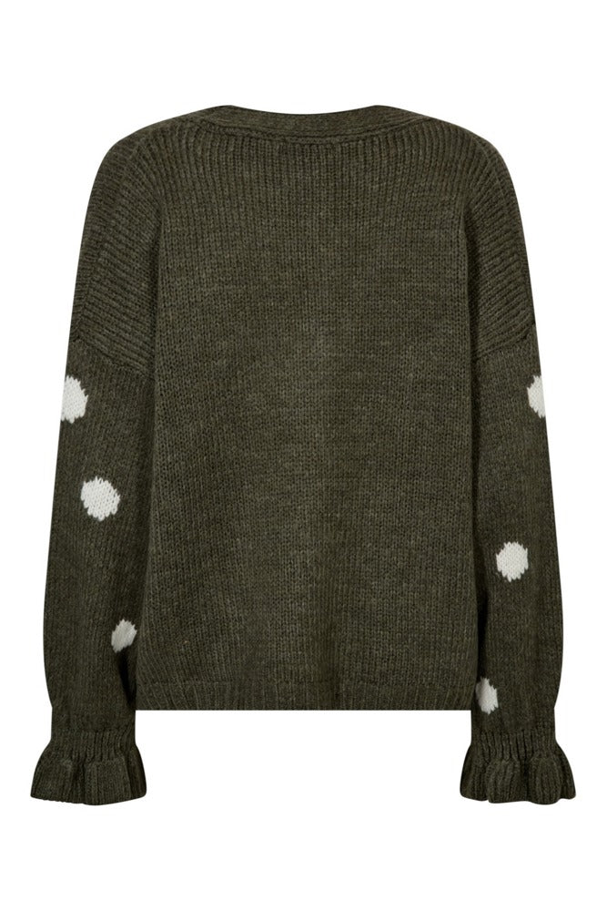 Strikket cardigan med prikker og flæsekanter