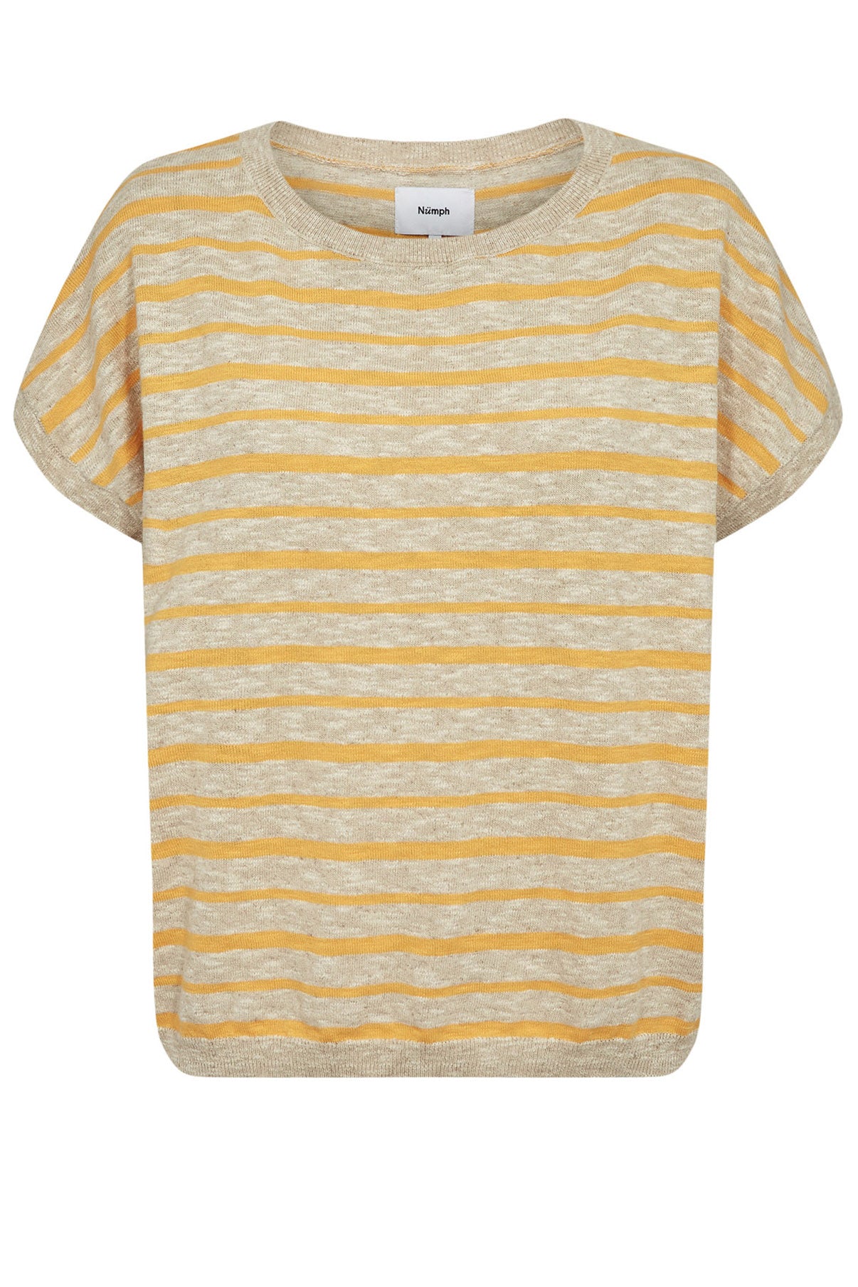 Strikket pullover med både gule og hvide striber og bådudskæring, kortærmet.