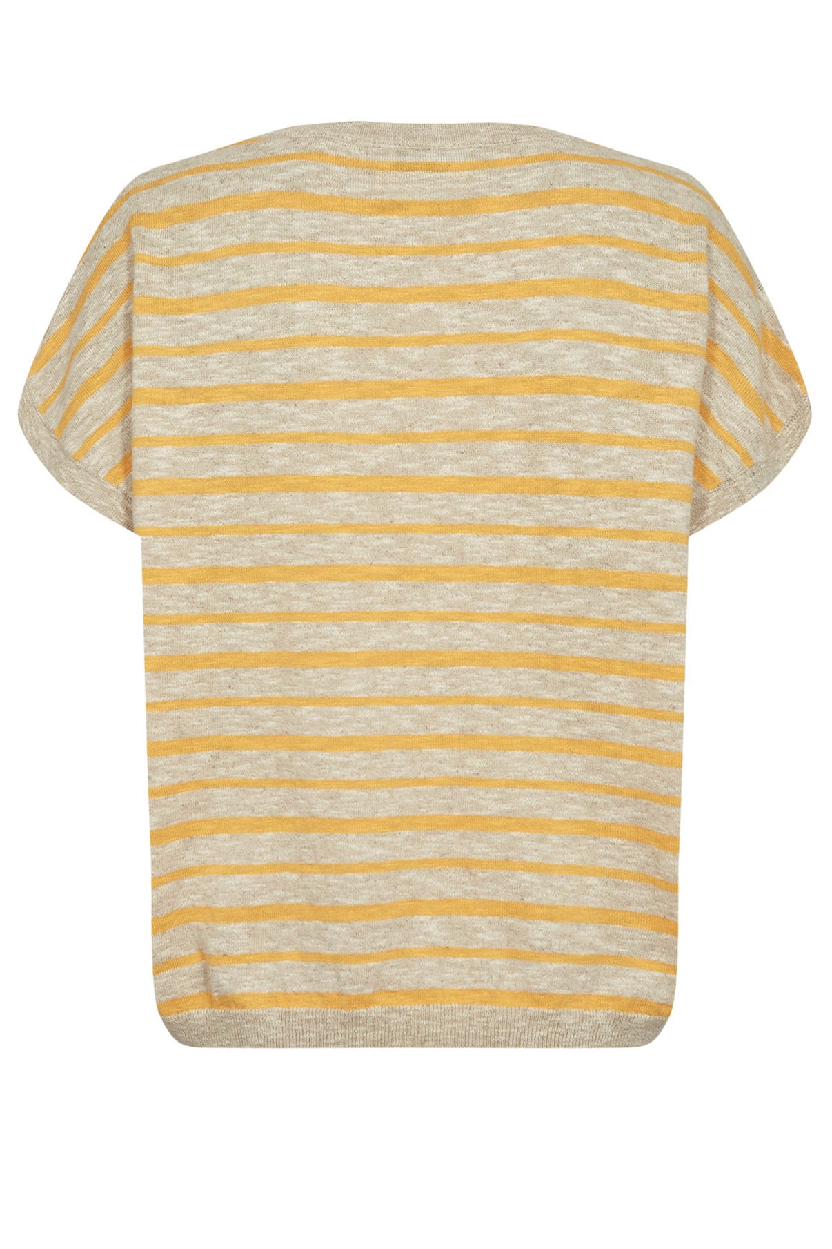 Kortærmet stribet pullover med bådhals i gult og lysegråt, afslappet pasform.