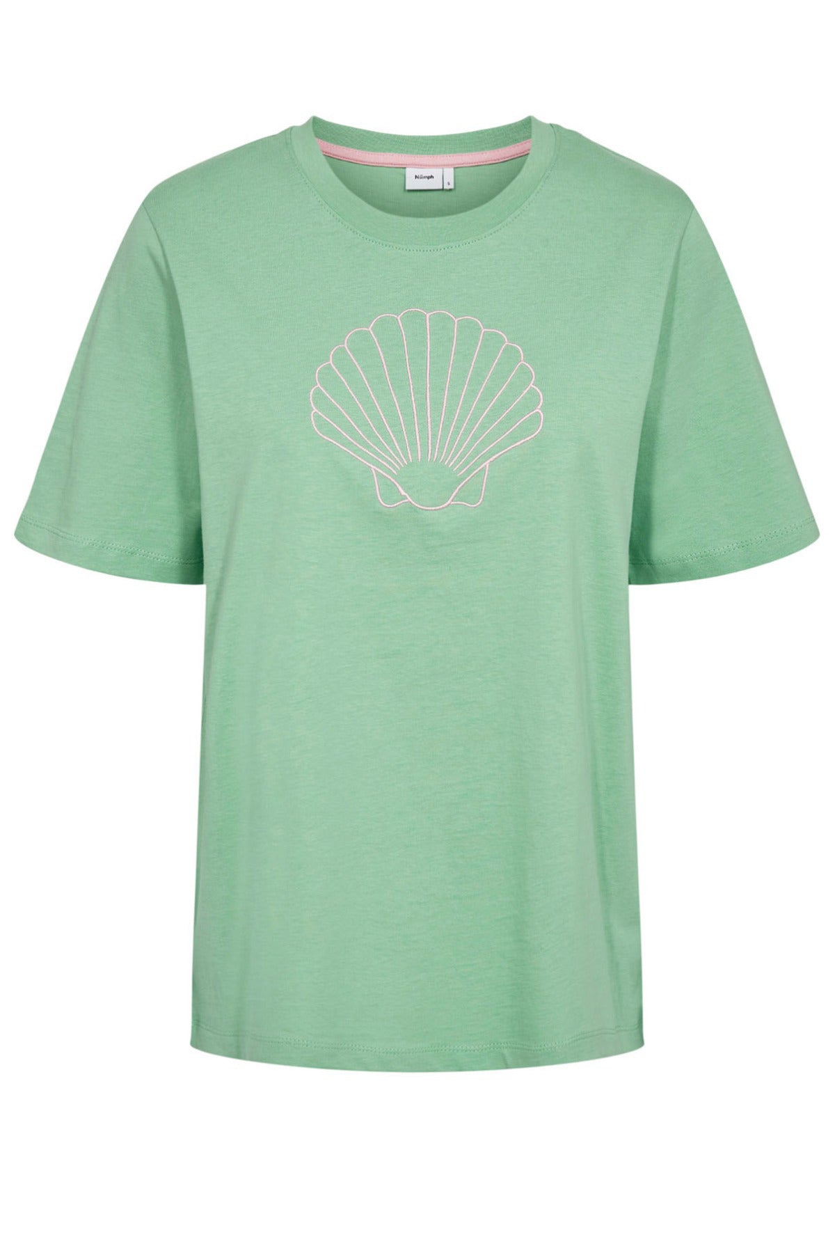 Grøn t-shirt med kortærmet design og hvidt muslingemotiv på brystet.