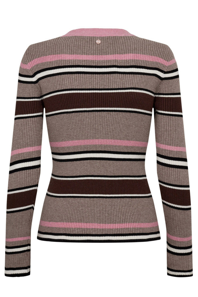 Langærmet strik med brede striber i brun, rosa, sort og hvid, tætsiddende pasform, rund hals uden synlige knapper.