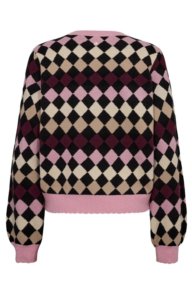 Langærmet strik med argyle-mønster i sort, beige og mørk rød, rosa ribkanter.