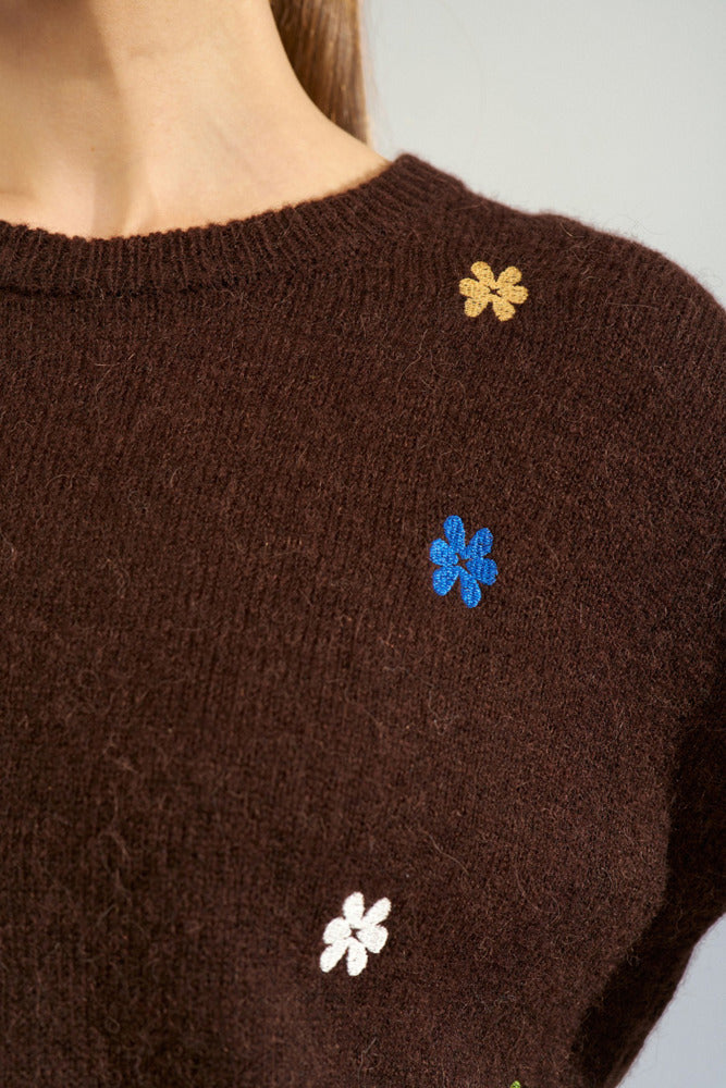 NUFLORIE - Langærmet strik i uldkvalitet med broderede blomster