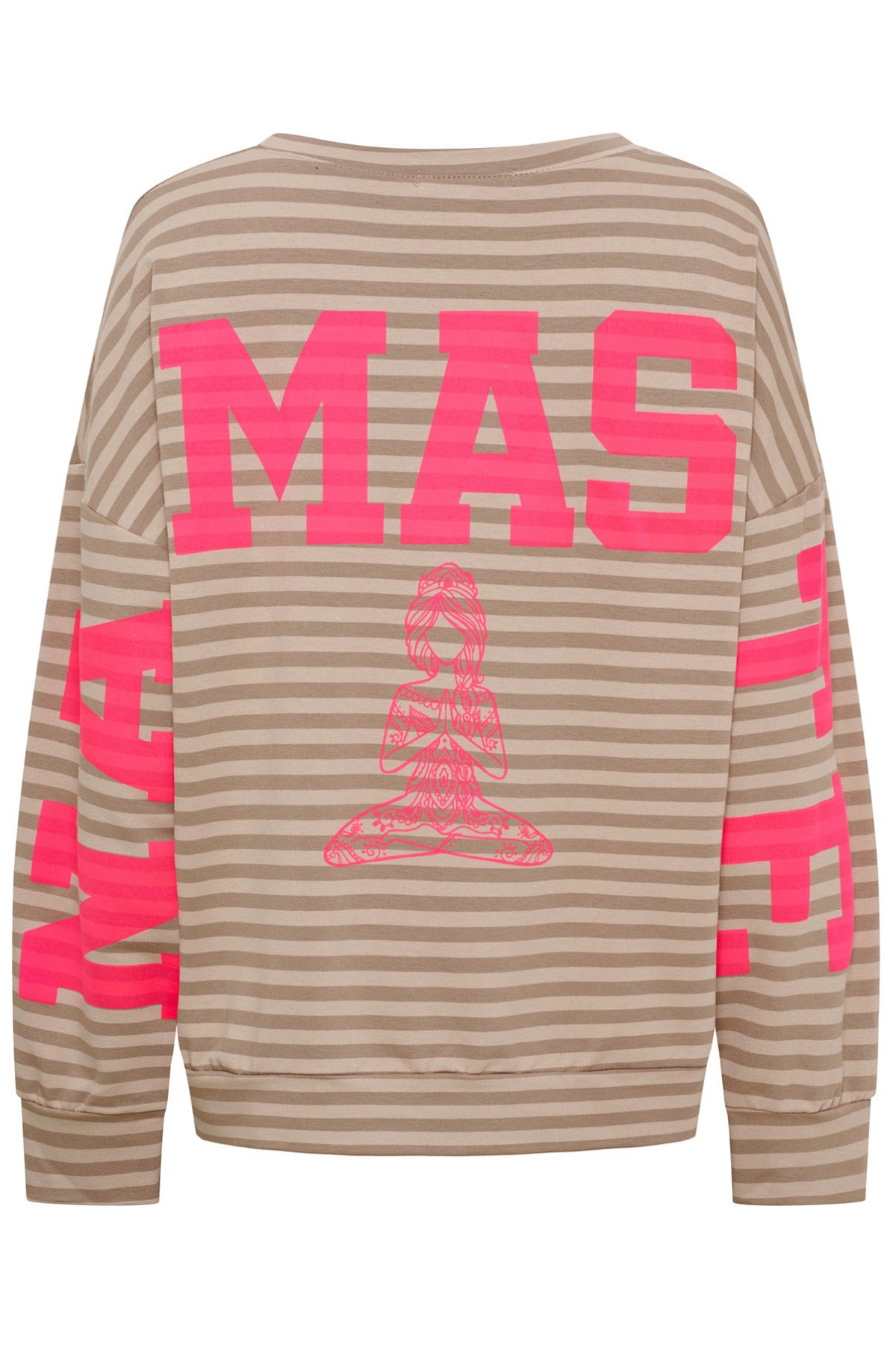 Langærmet beige bluse med brede striber og lyserødt stort MAS-tryk samt print på ærmerne.