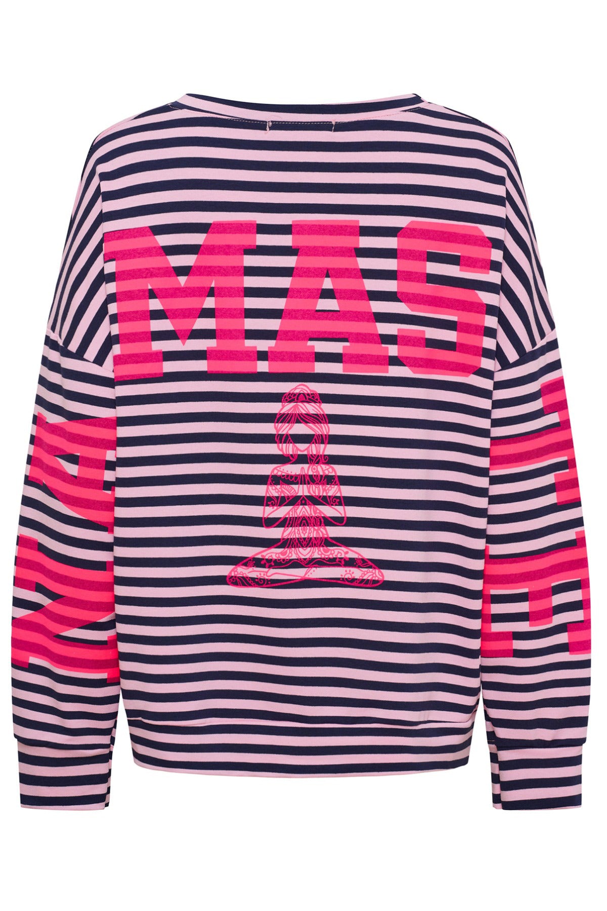 Langærmet bluse med marineblå og hvide striber samt pink kontrastprint og bogstaver foran.