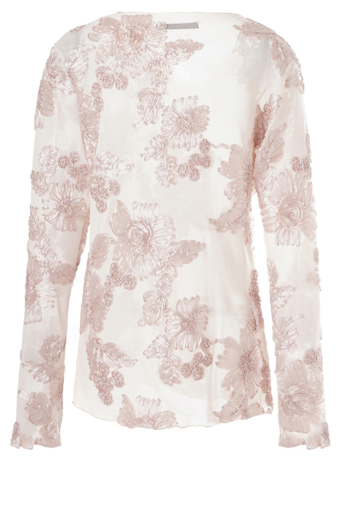 Hvid langærmet meshbluse med delikat blomstret broderi og rund hals.