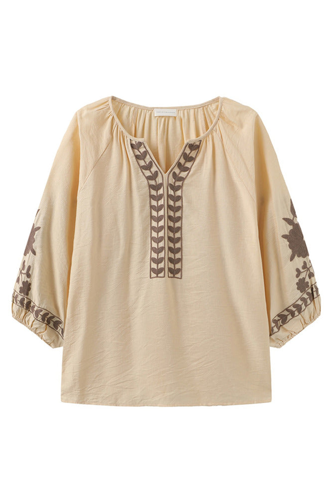 Vina - Boheme bluse med trekvartærmer og broderi