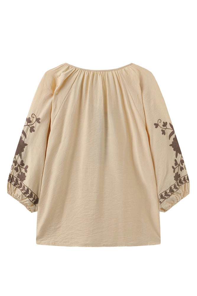 Vina - Boheme bluse med trekvartærmer og broderi