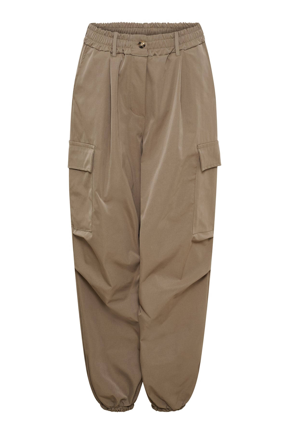 Beige cargobukser med sidelommer, elastisk talje og snorejusterede benender.