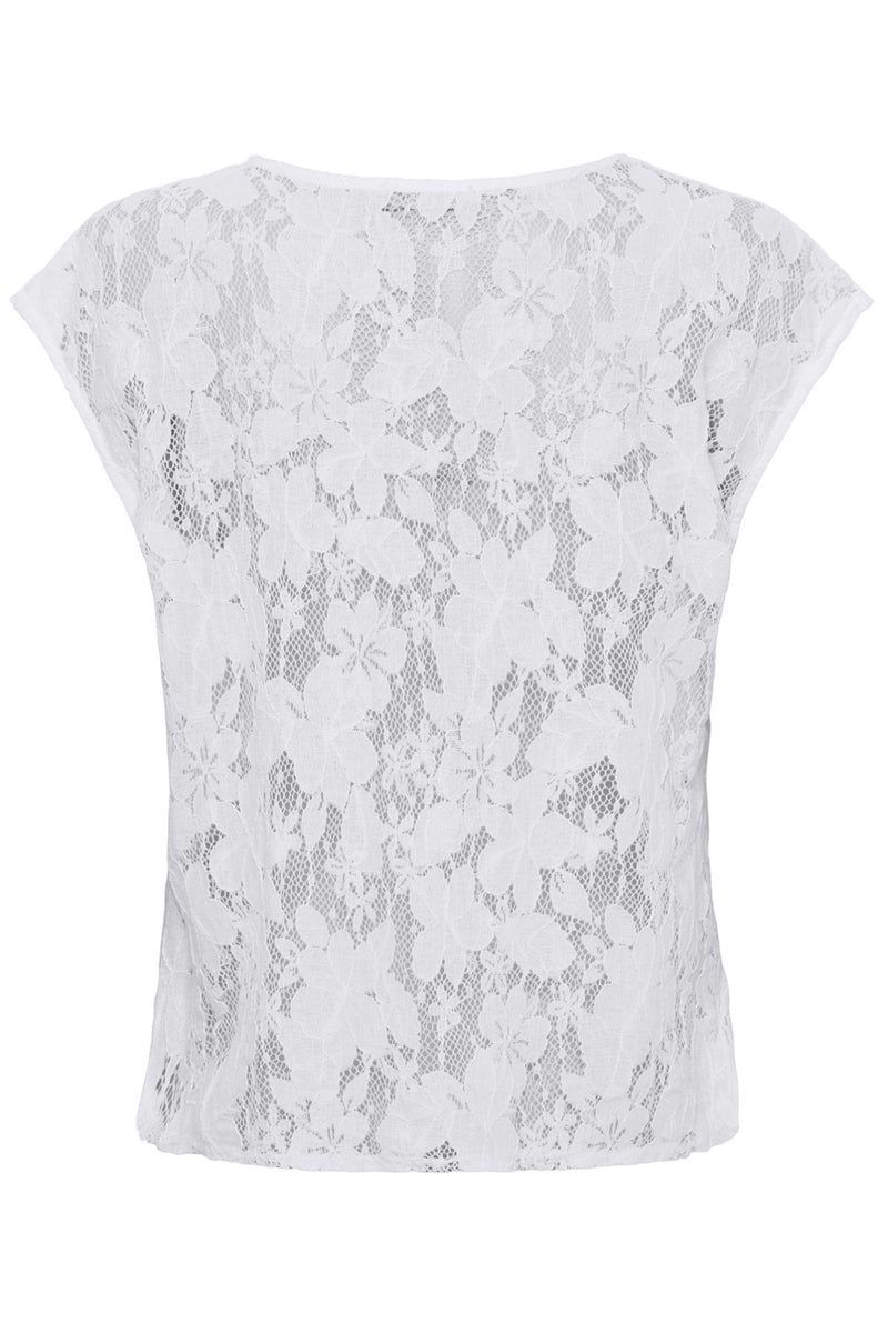 Hvid kortærmet blonde top med floral mønster og rund halsudskæring.
