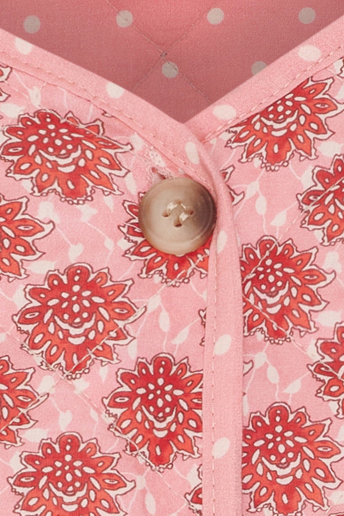 Rosa quiltet jakke med røde blomsterprint og beige knapdetaljer.