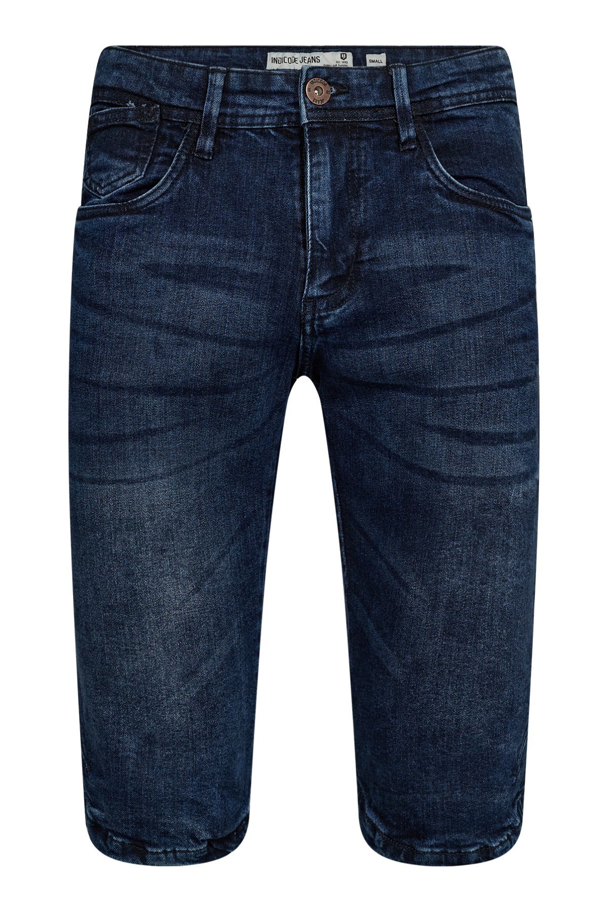 Mørkeblå denim knælange knickers med lommer og syninger.