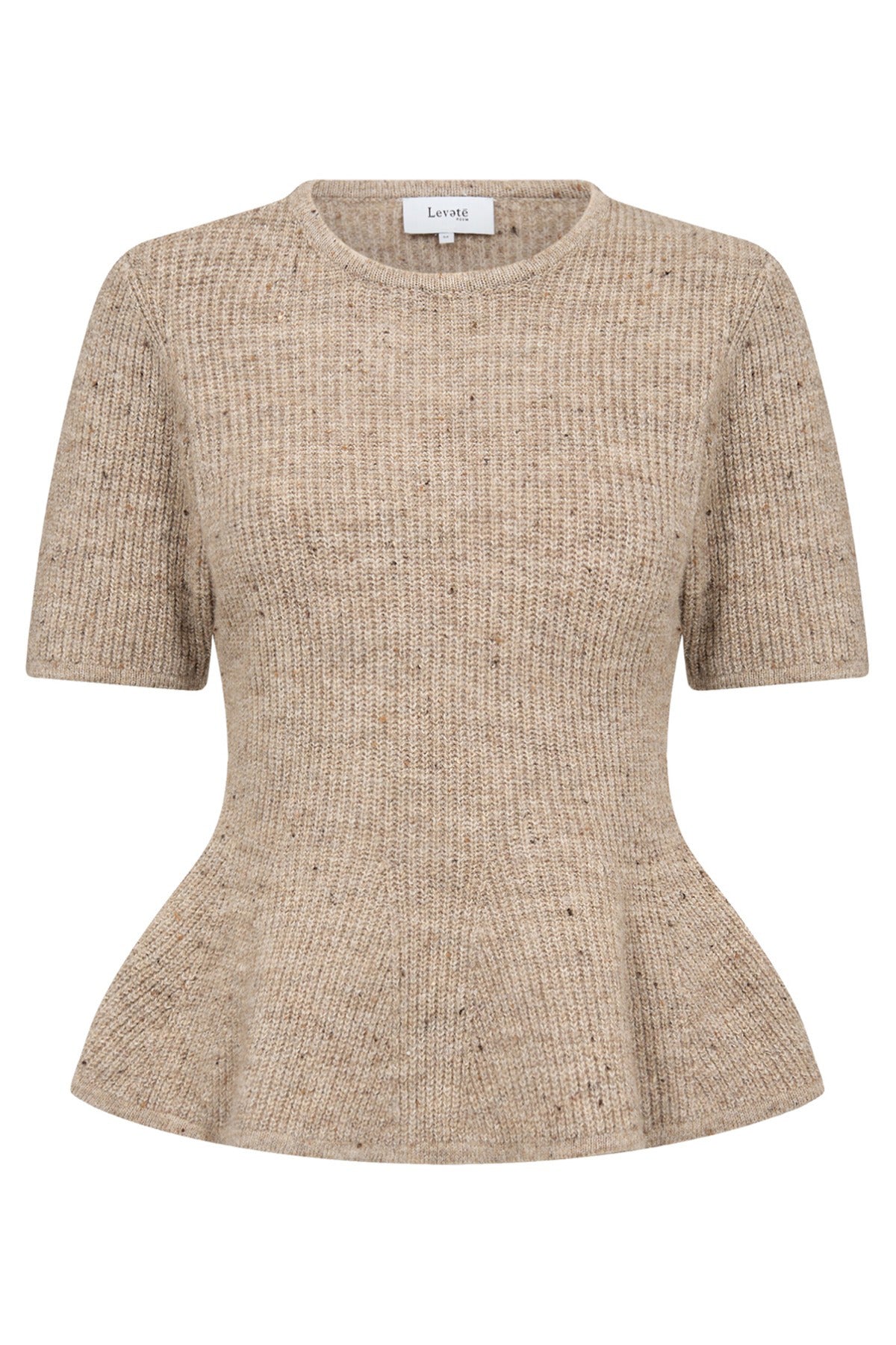 Kortærmet strikbluse med peplum i taupe farvet meleret stof og rund halsudskæring.