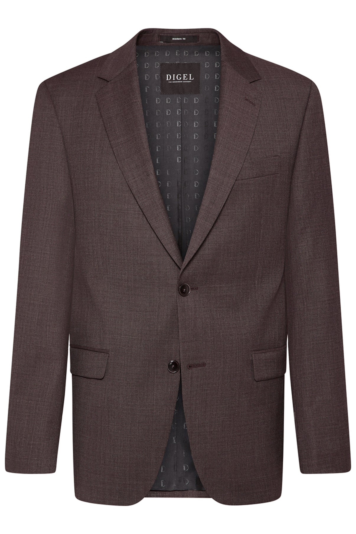Brun uldblazer med revers, to knapper og sidelommer, klassisk pasform.
