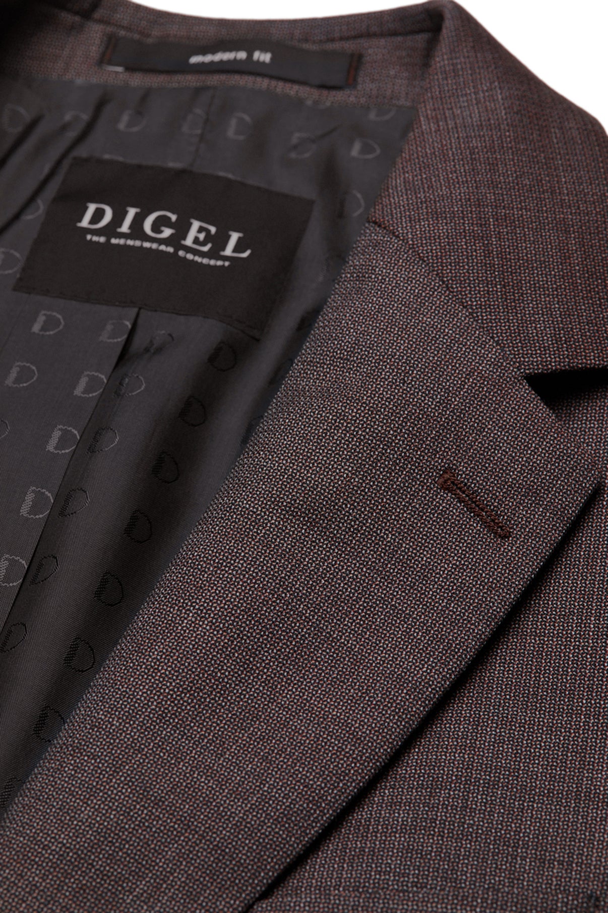 Brun uldblazer med klassisk revers og diskret struktur i stoffet fra Digel.