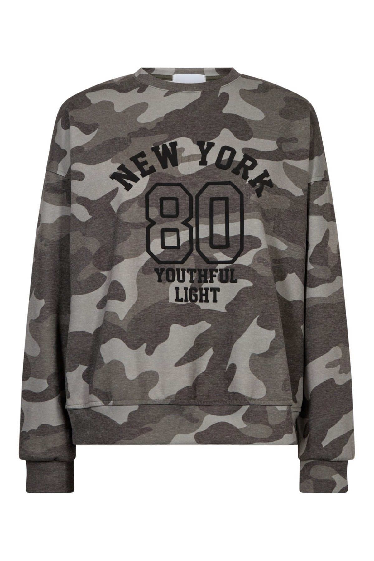 Sweatshirt med camouflageprint og tekstmotiv