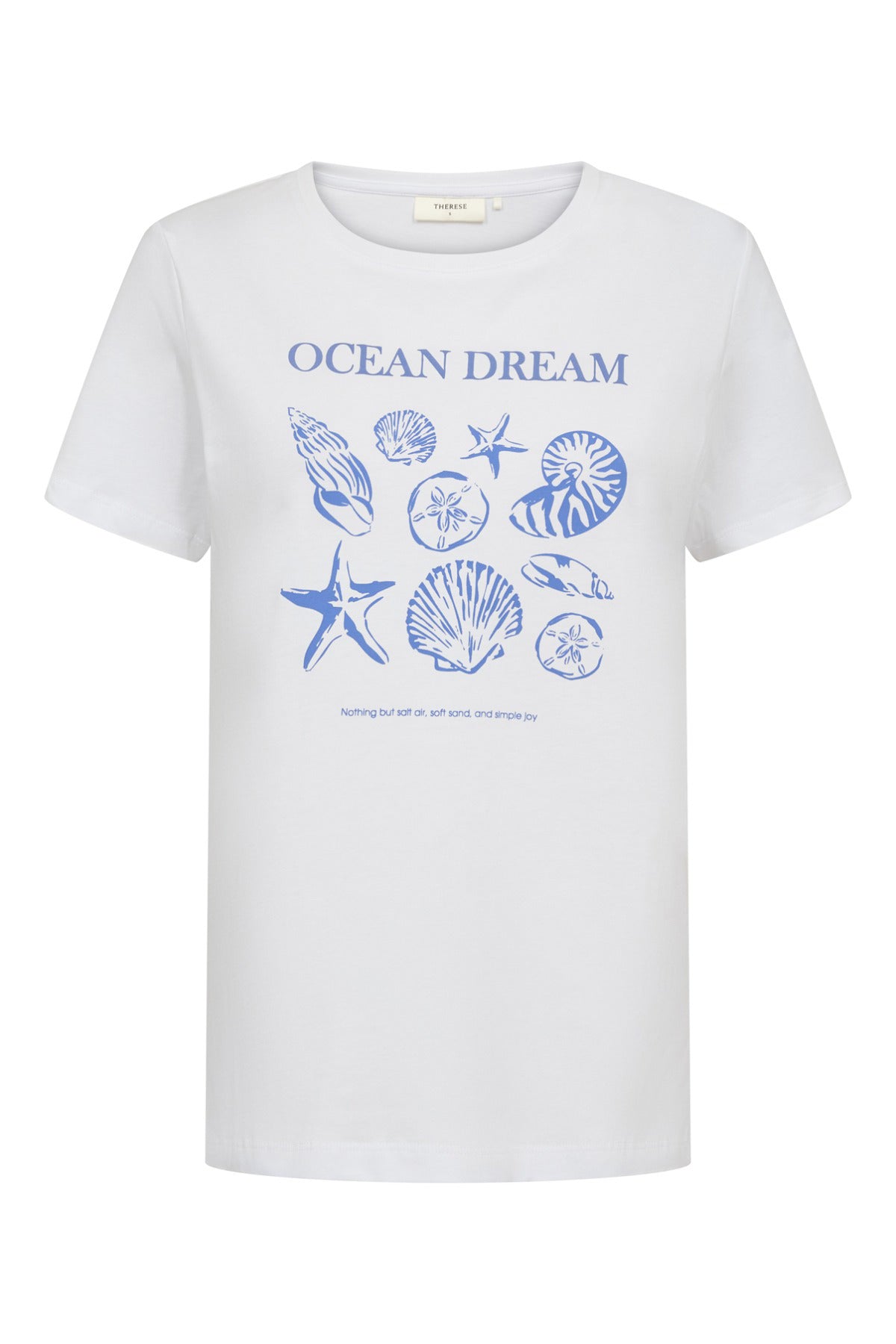 Hvid bomulds t-shirt med blå havdyr og teksten "Ocean Dream" foran.