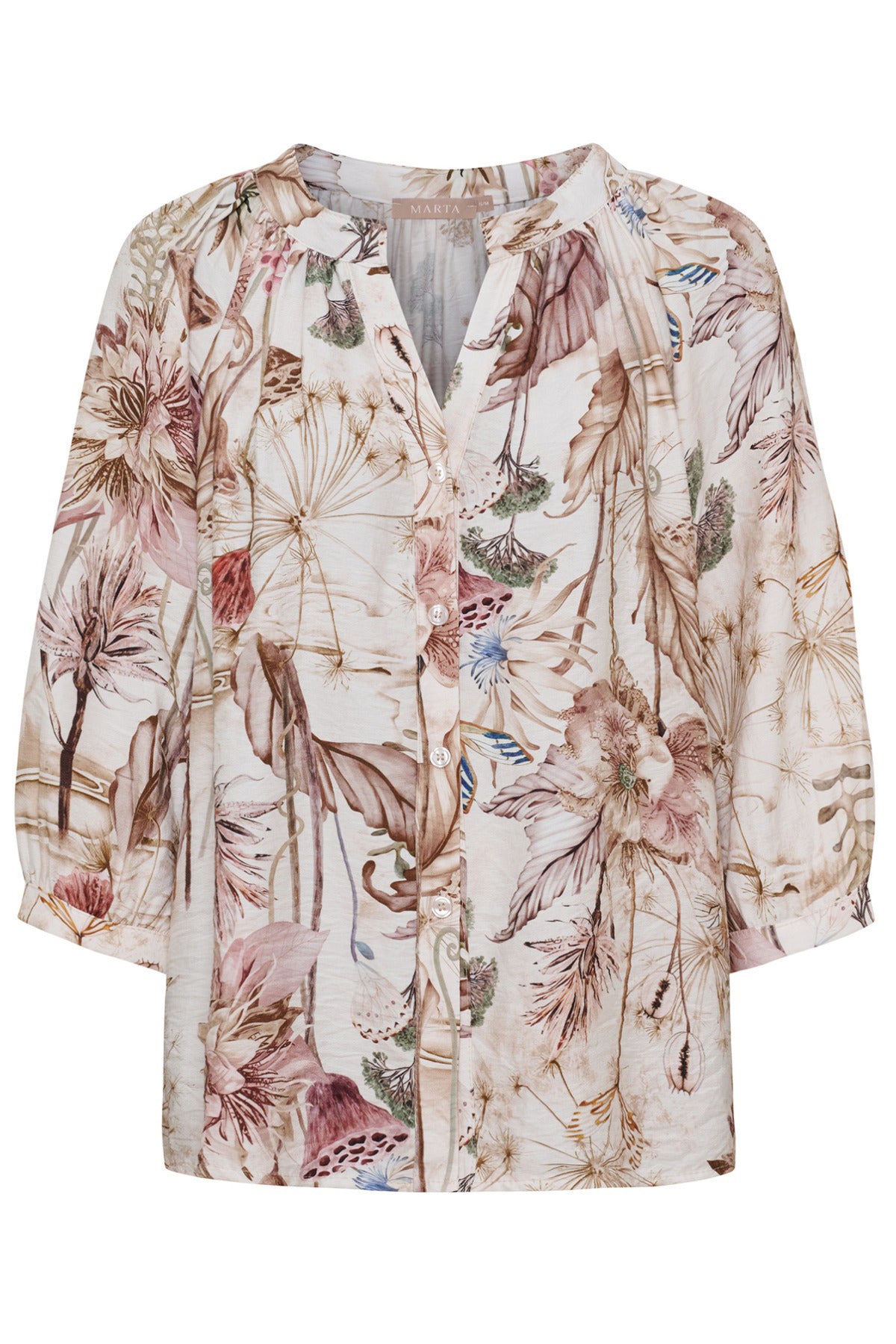 Beige bluse med knaplukning, v-hals og naturinspireret bladprint, lettestruktur.