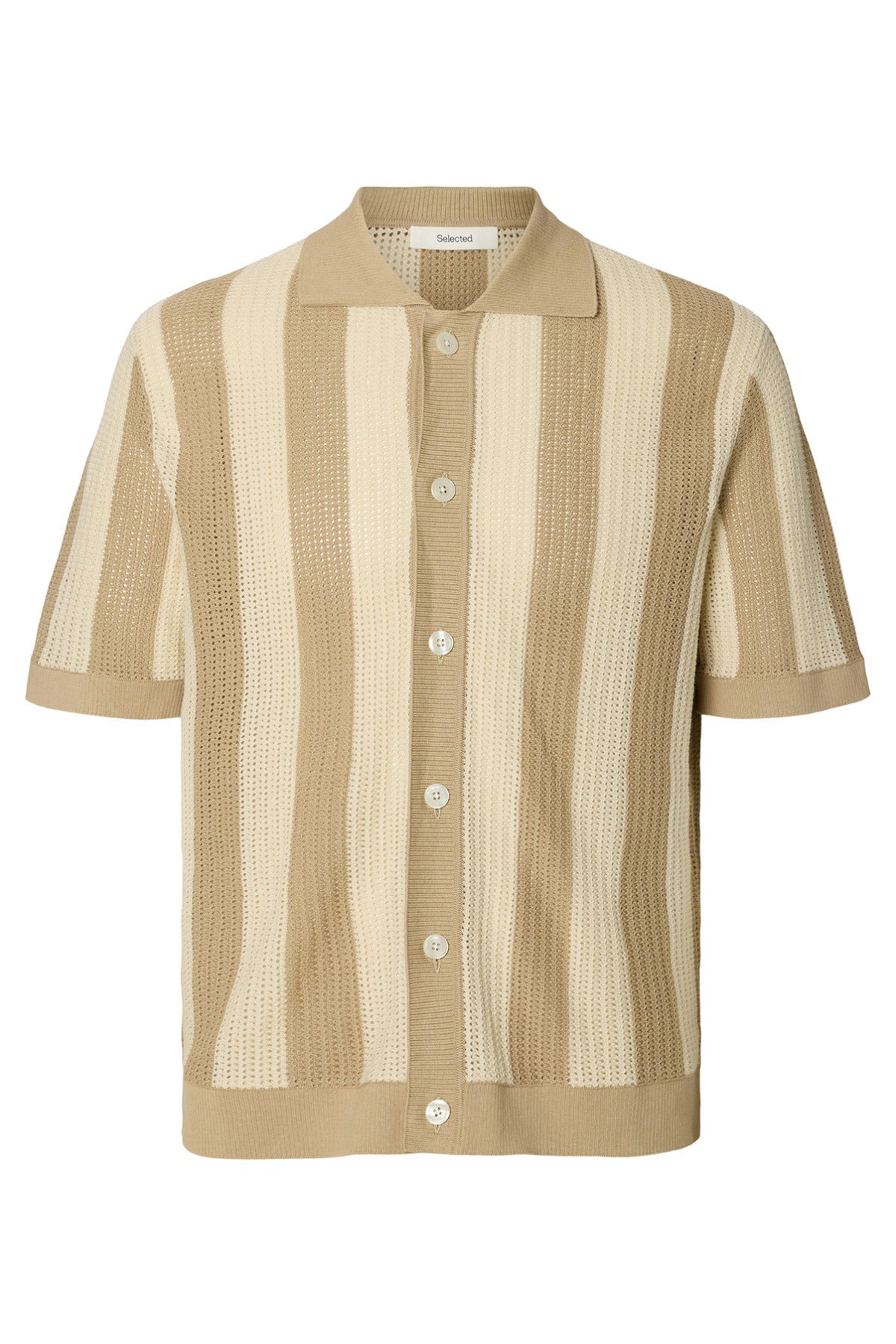 Kortærmet cardigan i beige og lysebrune lodrette striber med knaplukning foran.