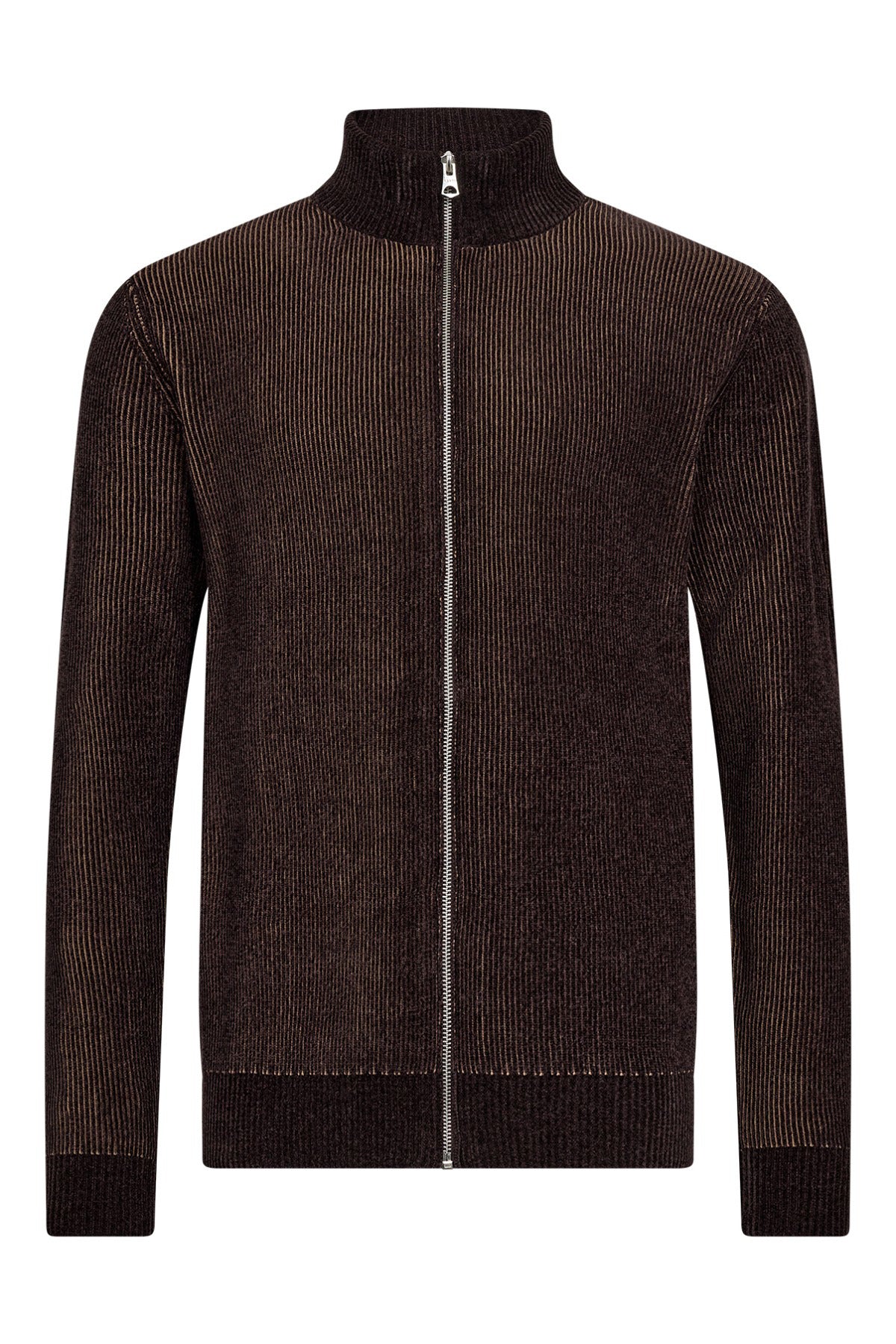 Langærmet sort-brun strik cardigan med lynlås og høj halsrib.