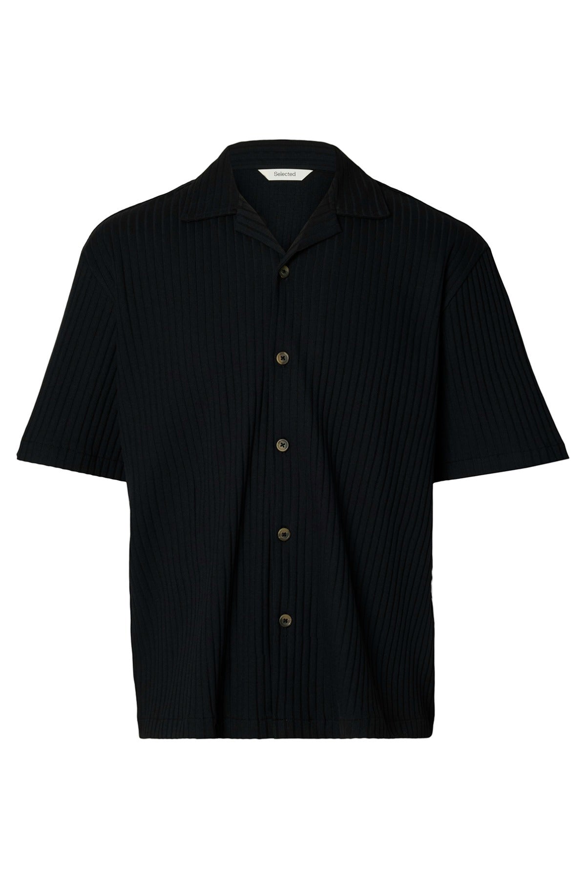 Sort kortærmet ribstrikket overshirt med krave og knapper foran.