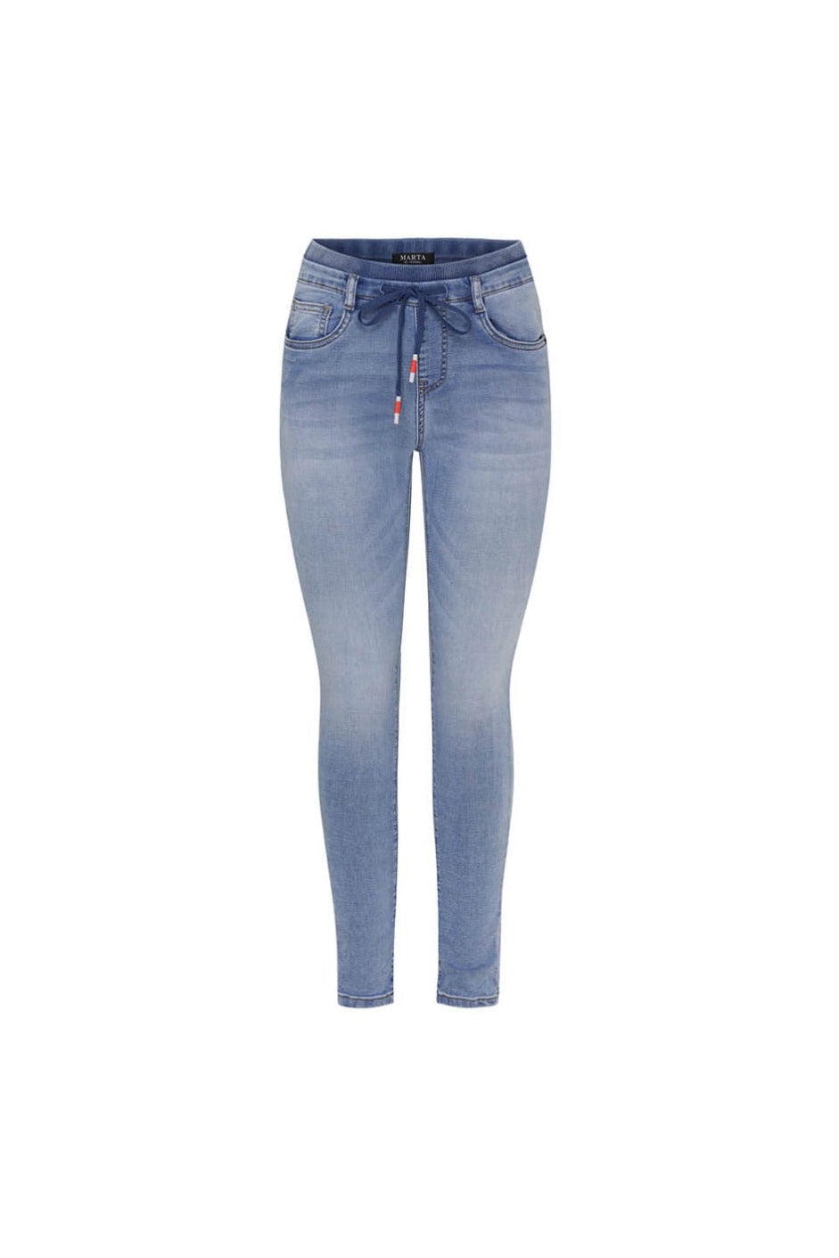 Blå denim skinny jeans med høj talje og elastisk snøre i livet.