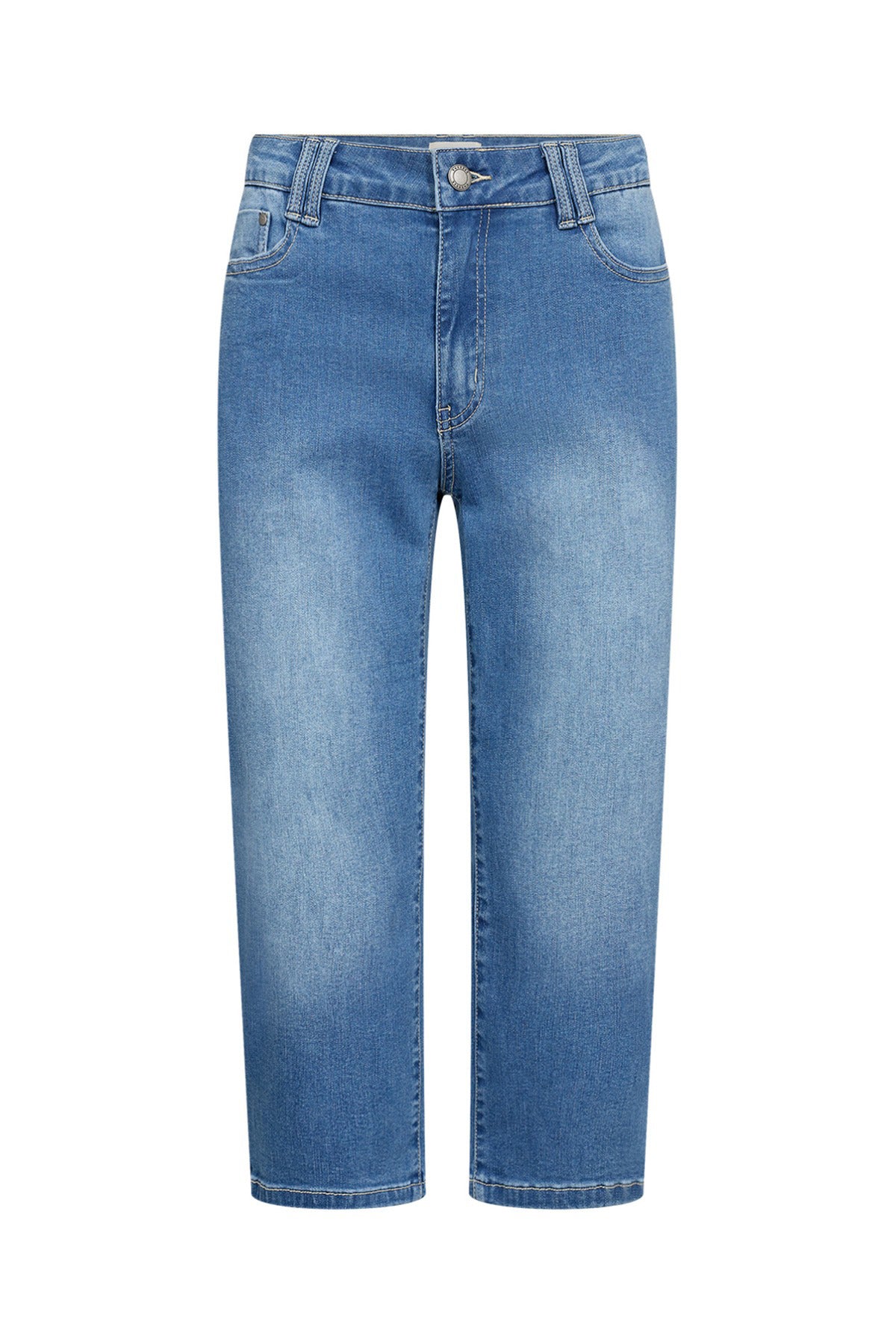 Blå capribukser i blød denim med lige ben og lommer foran og bagpå.