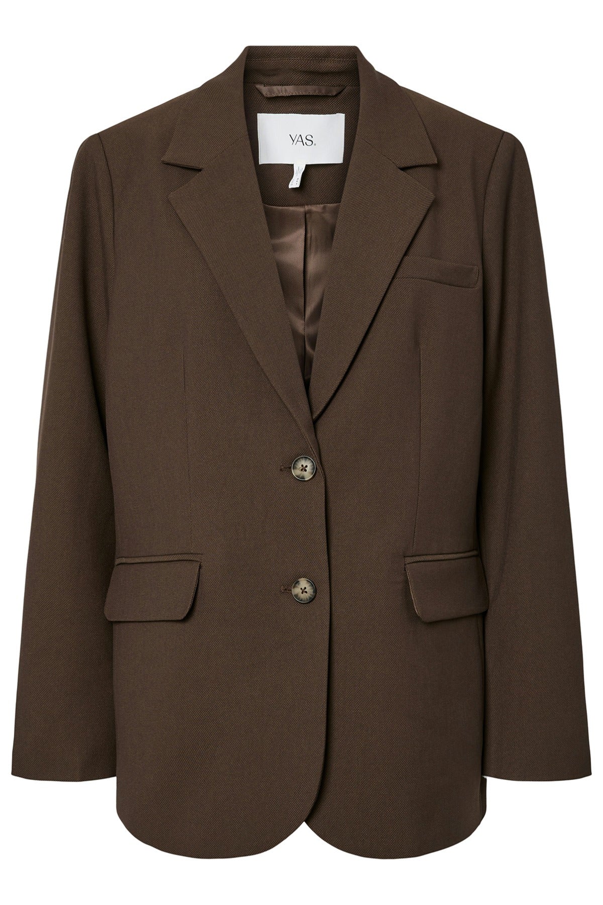 Klassisk chokoladebrunt blazer med to knapper og flapperlommer foran.