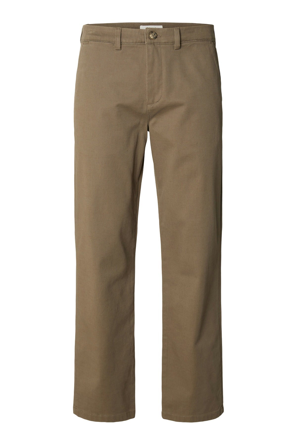 Brune lige fit twill-bukser med bæltestropper og lommer foran og bagpå.