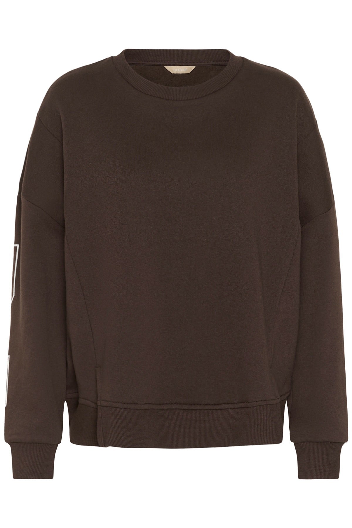 Mørkebrun sweatshirt med rund hals og ribkant ved ærmer og bund.