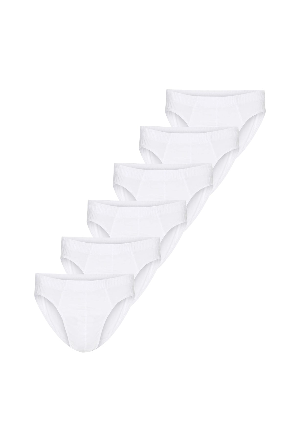 Fem par hvide herretrusser i bomuld med klassisk slip-model i forskellige størrelser.
