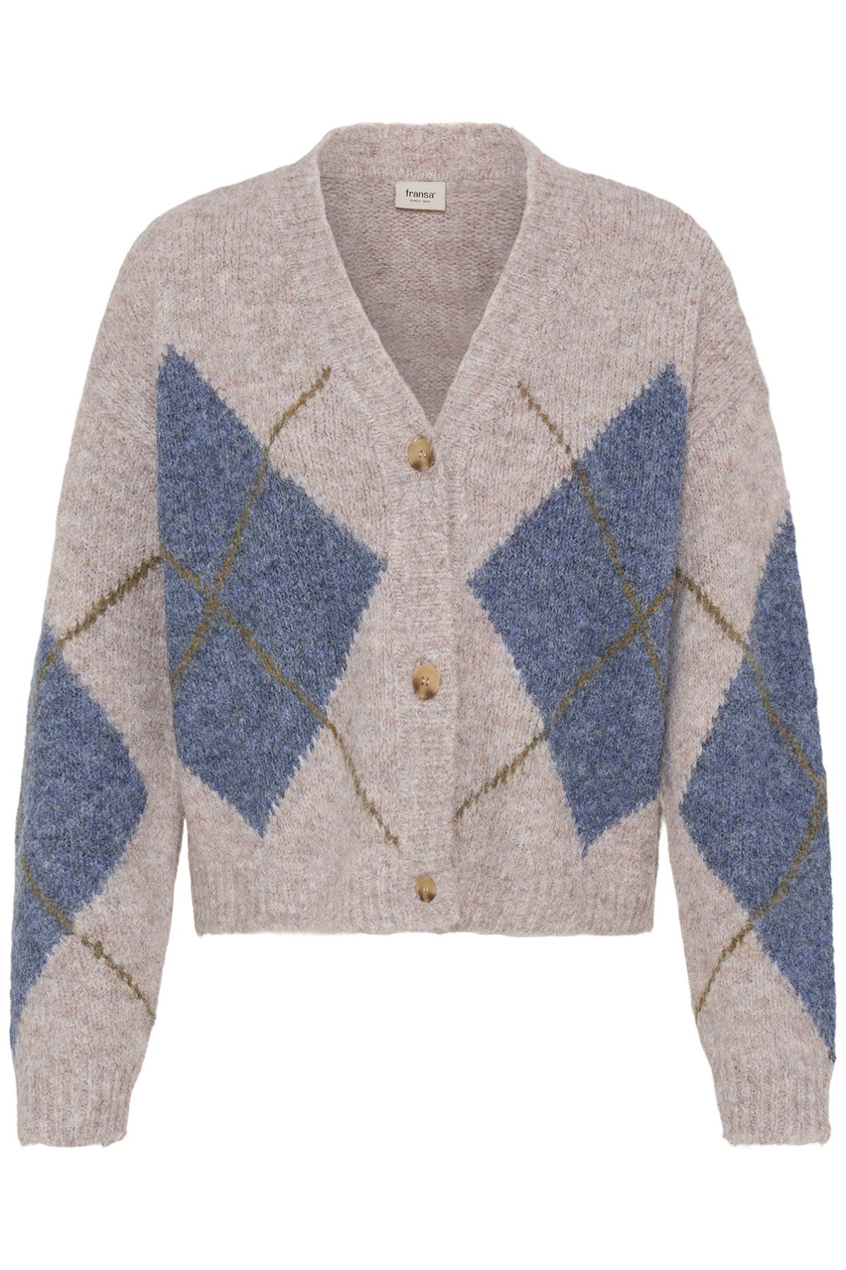 Strik cardigan i uld med blå argyle-mønster og beige base, knapper foran.