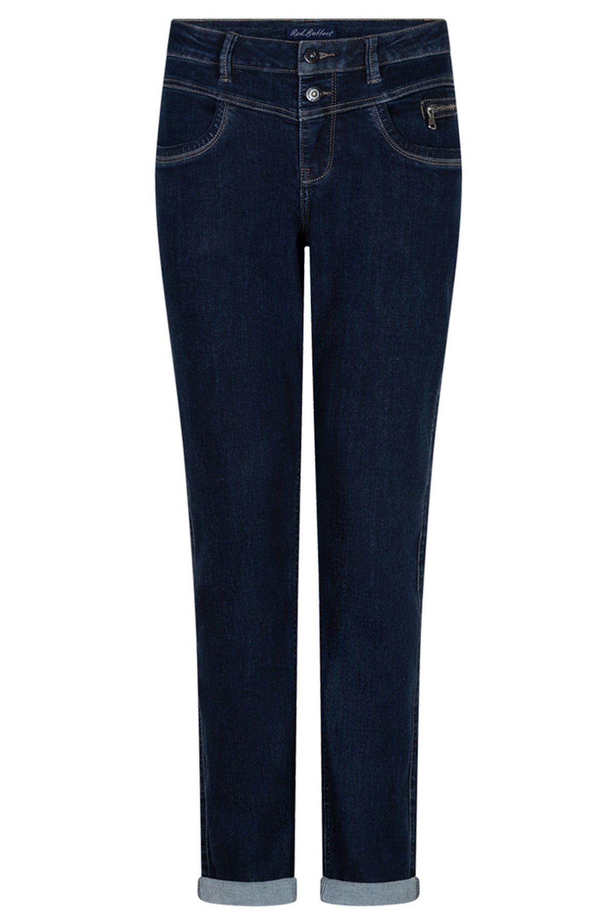 Mørkeblå jeans med dekorative syninger, to-knaps lukning og opbuk ved anklerne.