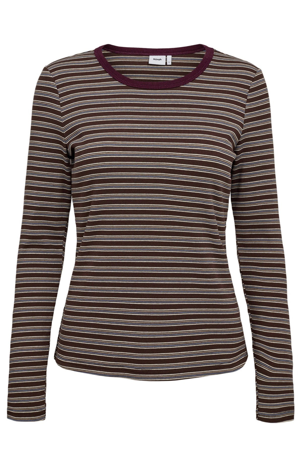 Langærmet t-shirt med smalle, horisontale striber i dyb taupe og bordeaux rund halsrib.