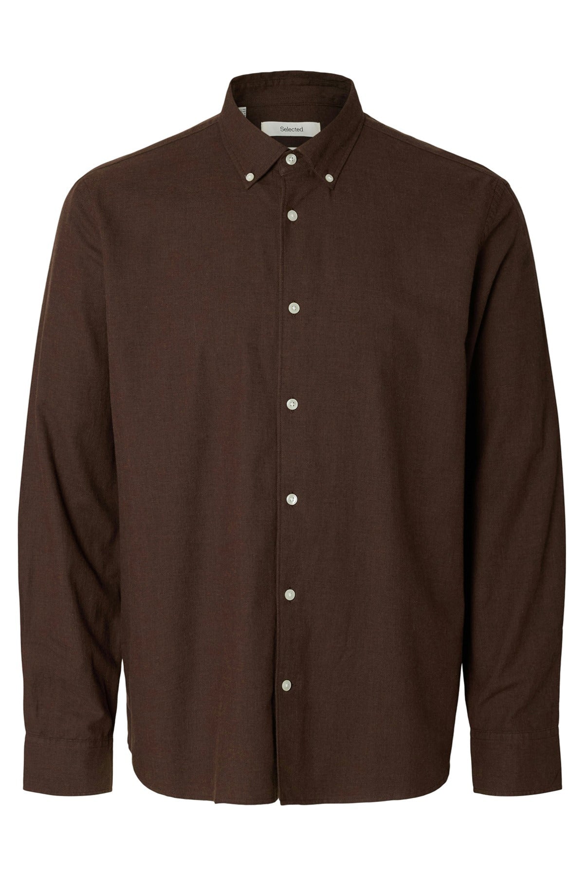 Langærmet, brun button-down skjorte i meleret stof med klassisk krave og hvide knapper.