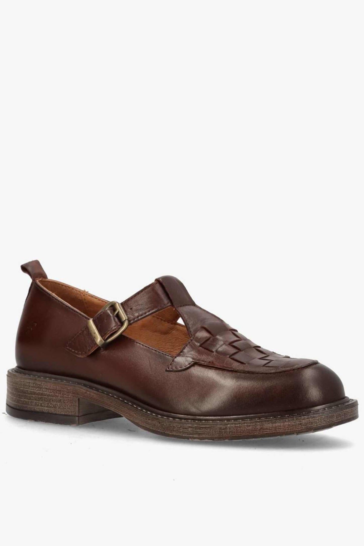 Mørkebrun skind loafer med rem og flettet detalje, rund tå og lav træhæl.