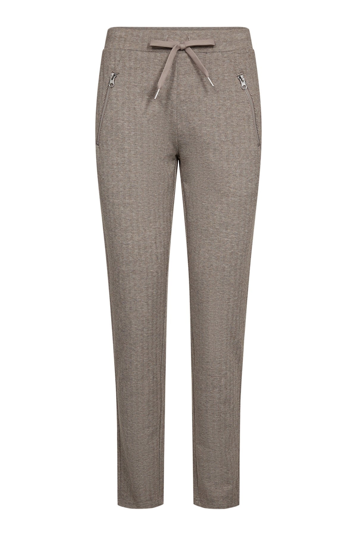 Comfortable slim-fit stretch pants in brown with front zipper pockets and adjustable drawstring waistband.
