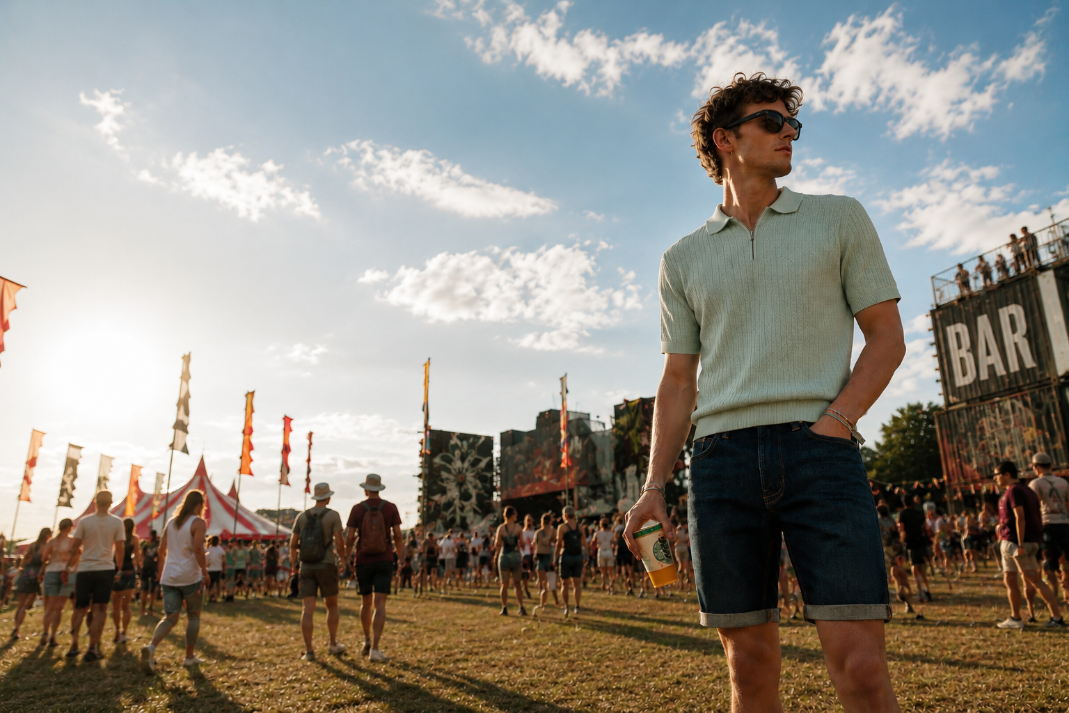 Mand på festival i Zip polo t-shirt og denimshorts