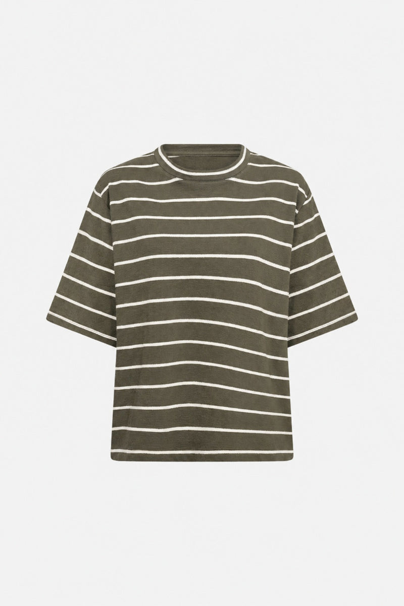 Kortærmet t-shirt i bomuld med grønne og hvide horisontale striber.