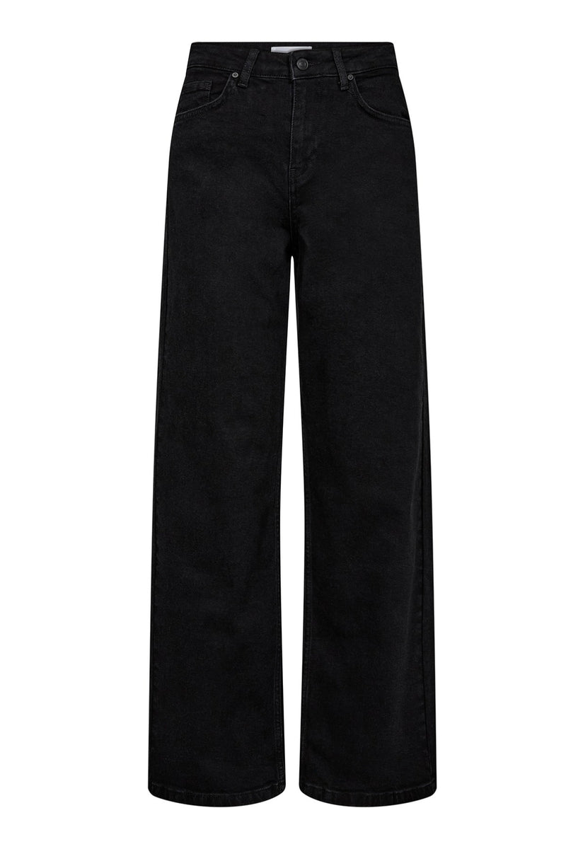 Sort stretchdenim jeans med højt liv og brede ben.