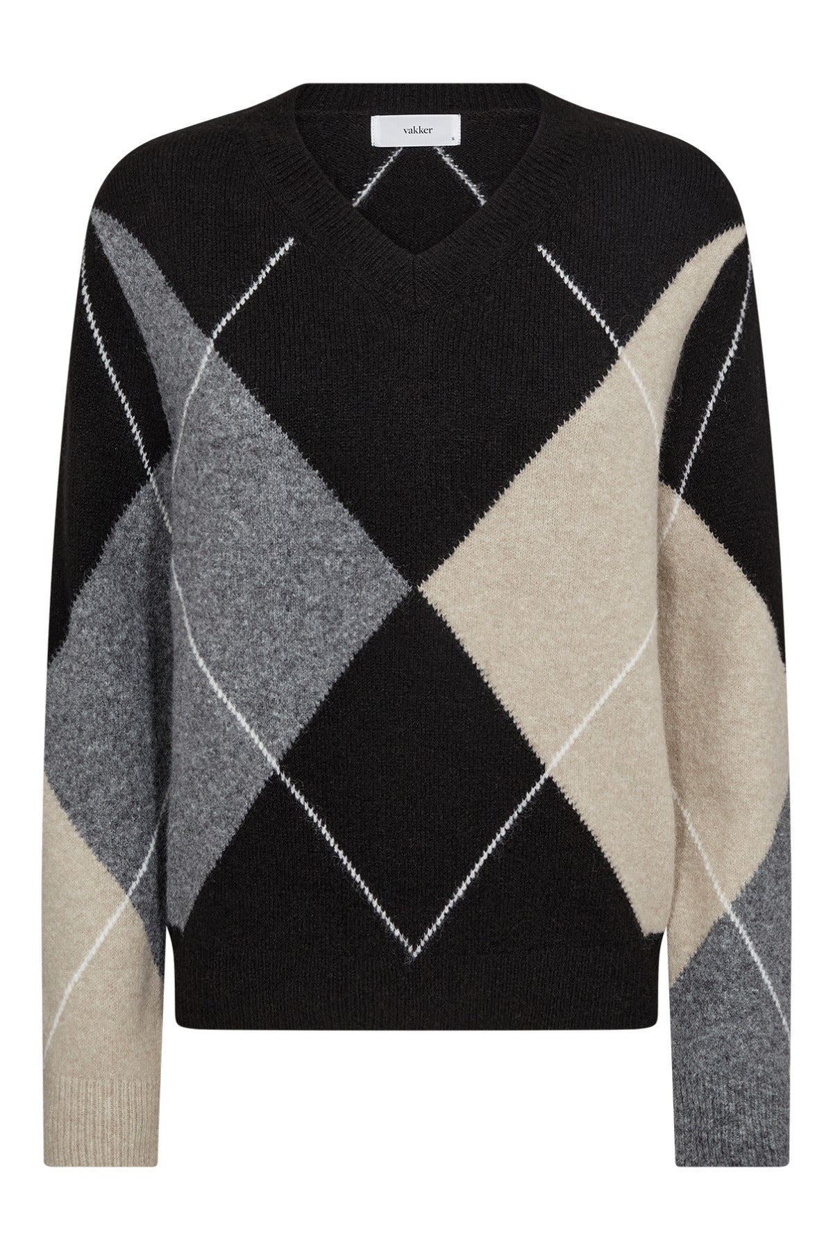 Langærmet uldstrik med sort, grå og beige diamantmønster og rund hals.