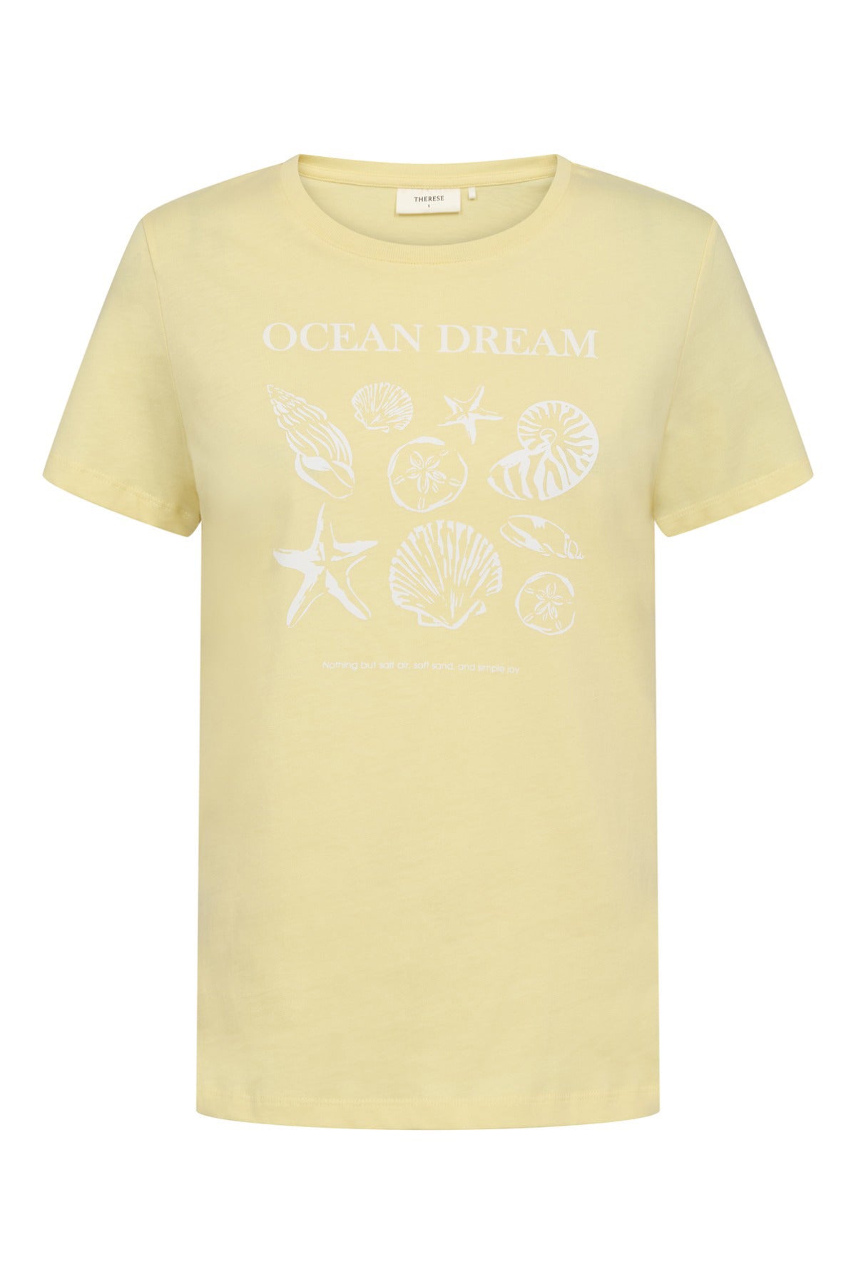 Lemon meringue bomulds t-shirt med rund hals og hvide dekorative hav-motiver foran.