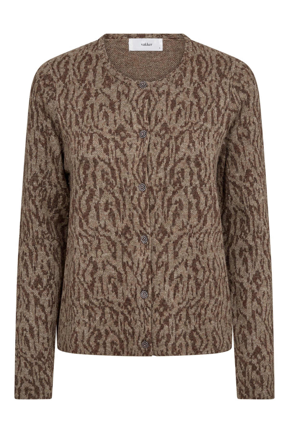 Brun cardigan med knapper og dyreprint i strik med rund hals og lange ærmer.