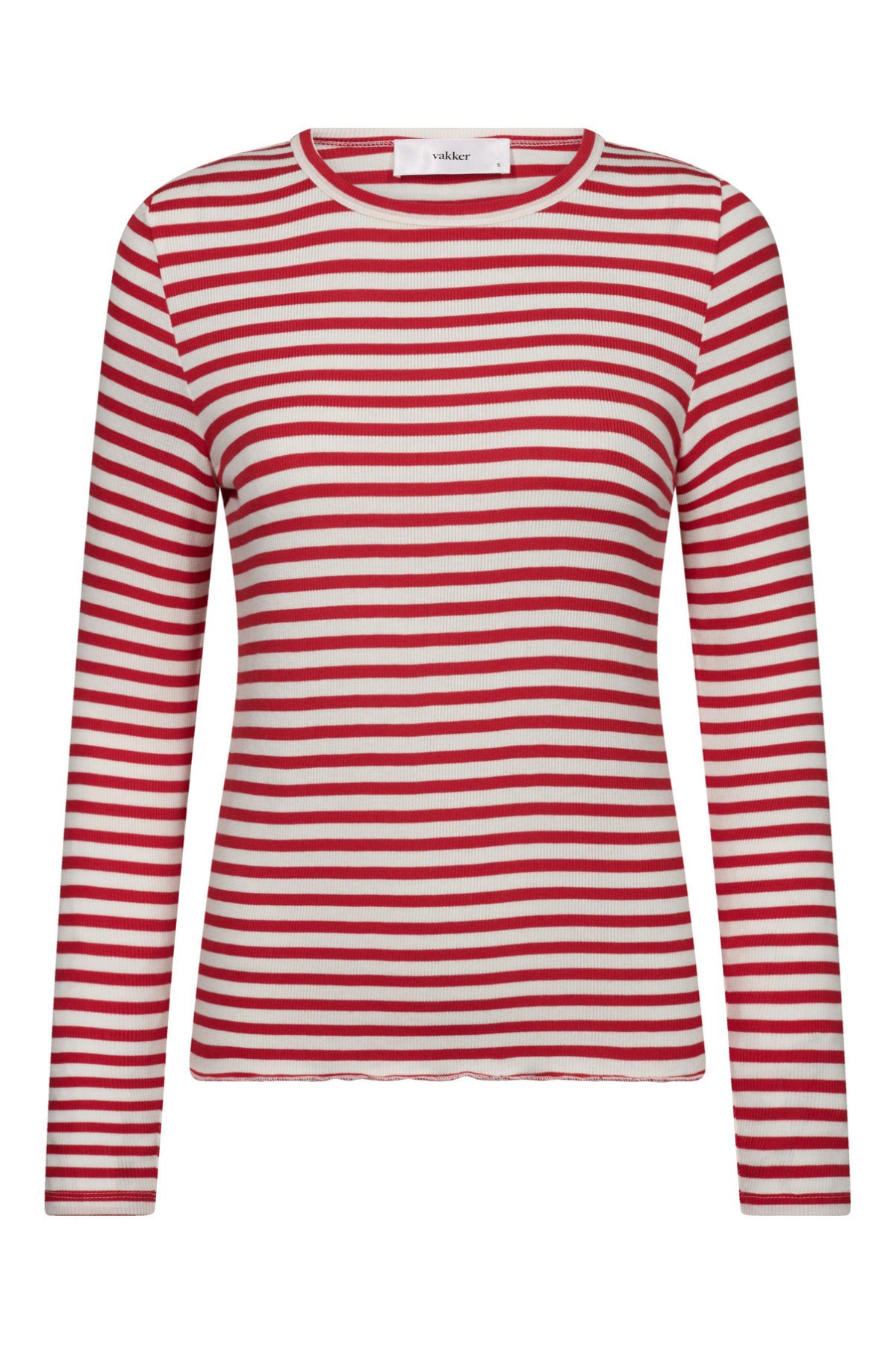 Rød og hvid stribet langærmet t-shirt i tætsiddende pasform med rund hals.