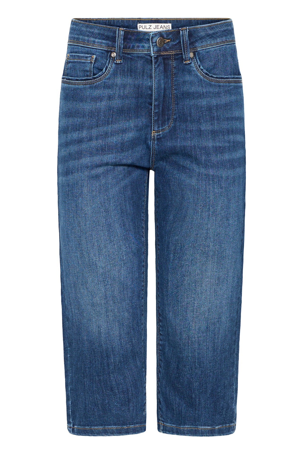 Mediumblå højtaljede denim capri jeans med lige ben og synlige stikninger.