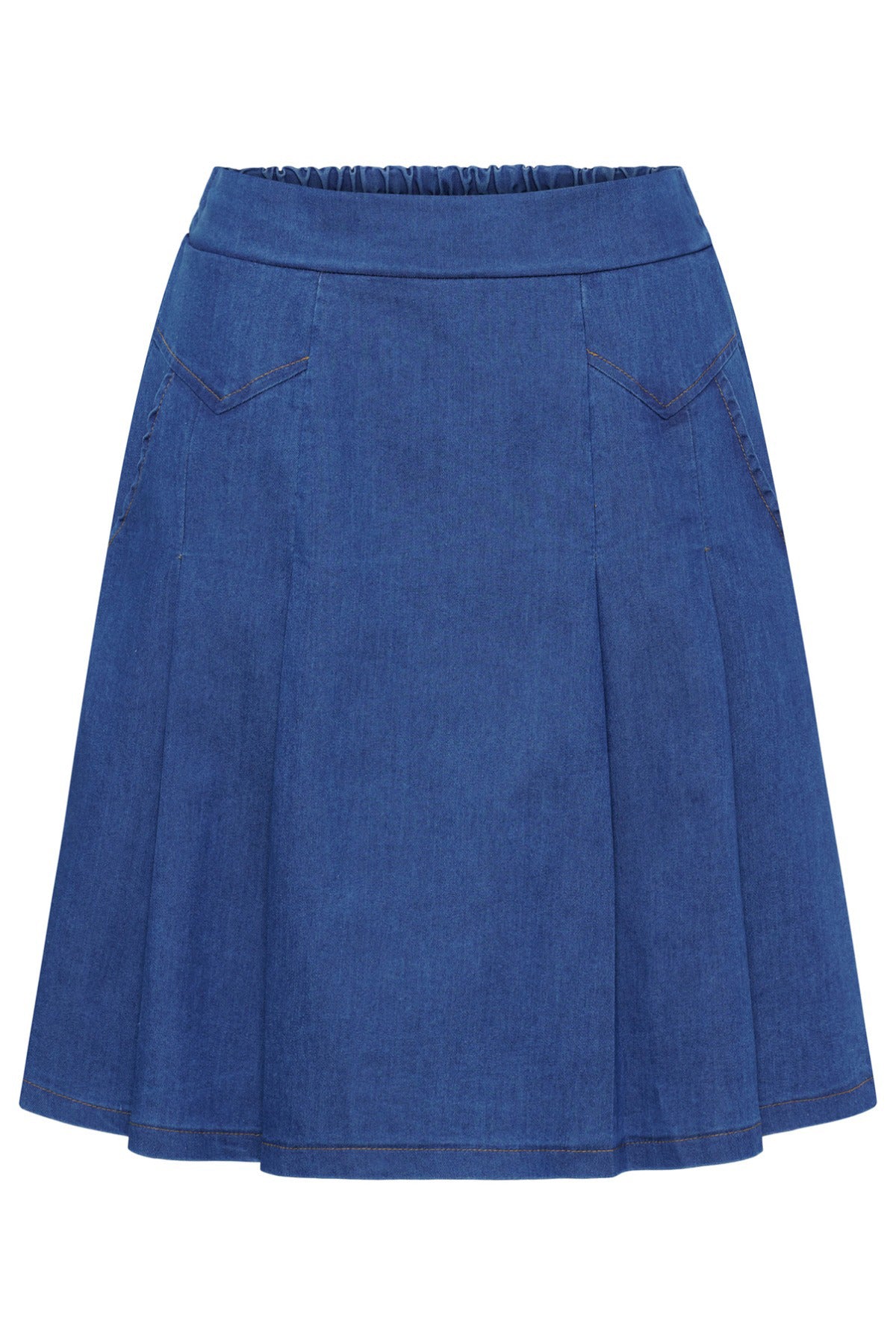 Mørkeblå denim-look nederdel med elastisk taljebånd og sidelommer, A-formet pasform.